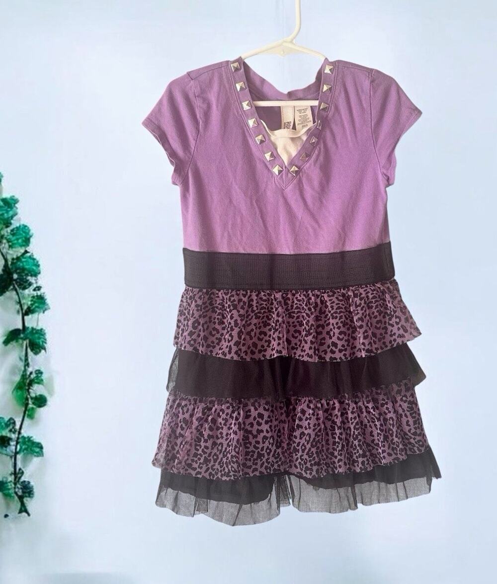 Route 66 Girls Purple/Black Animal Print V-Neck Cap Sleeve Dress 7/8